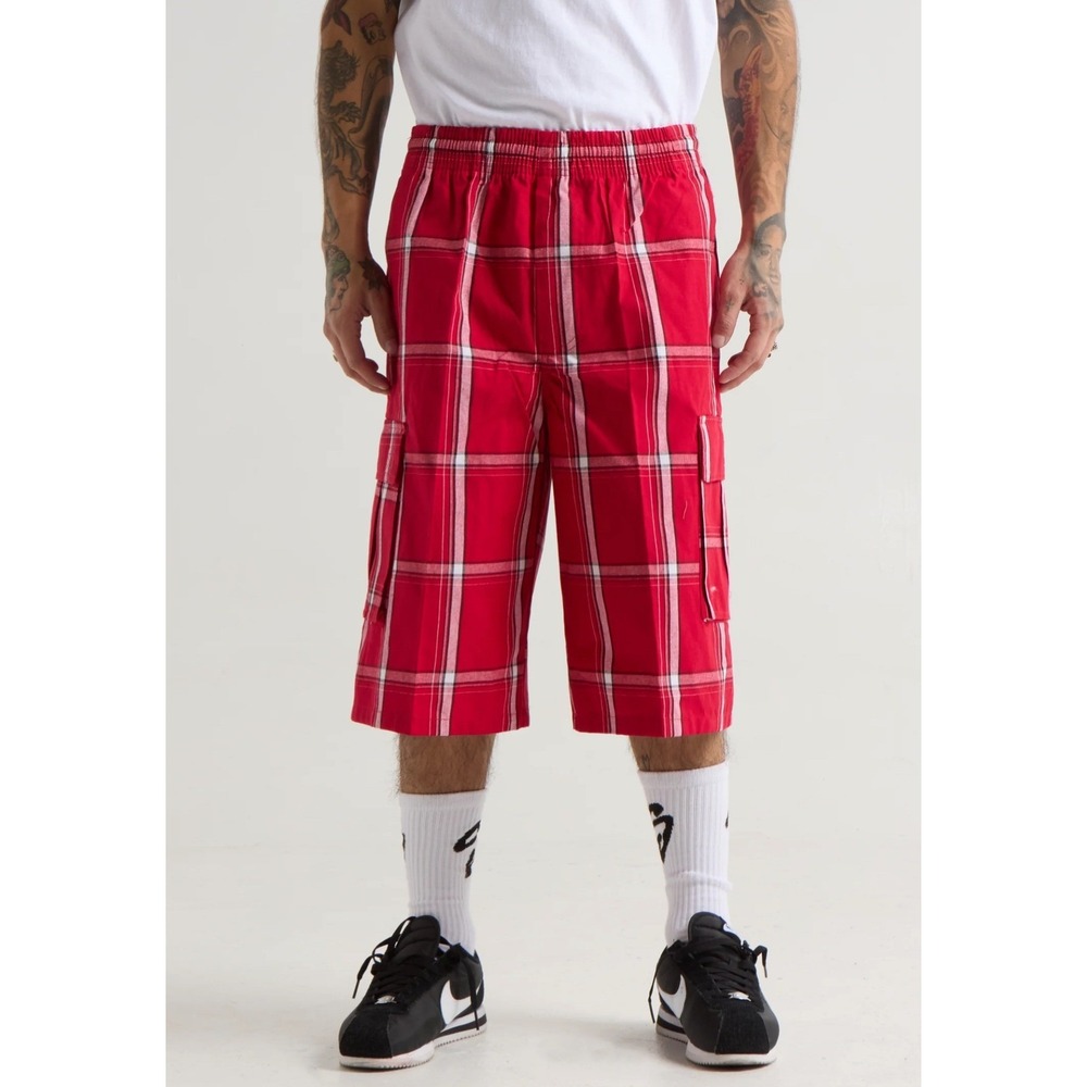 Shaka Wear Mens 5XL Red Plaid Cargo Shorts Elastic Waist Streetwear Cotton Blend